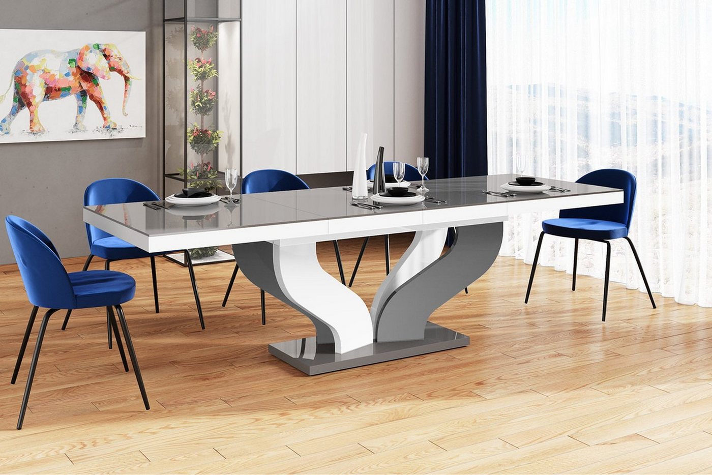designimpex Esstisch Design Tisch HEB-222 Grau / Weiß Hochglanz ausziehbar 160 bis 256 cm von designimpex