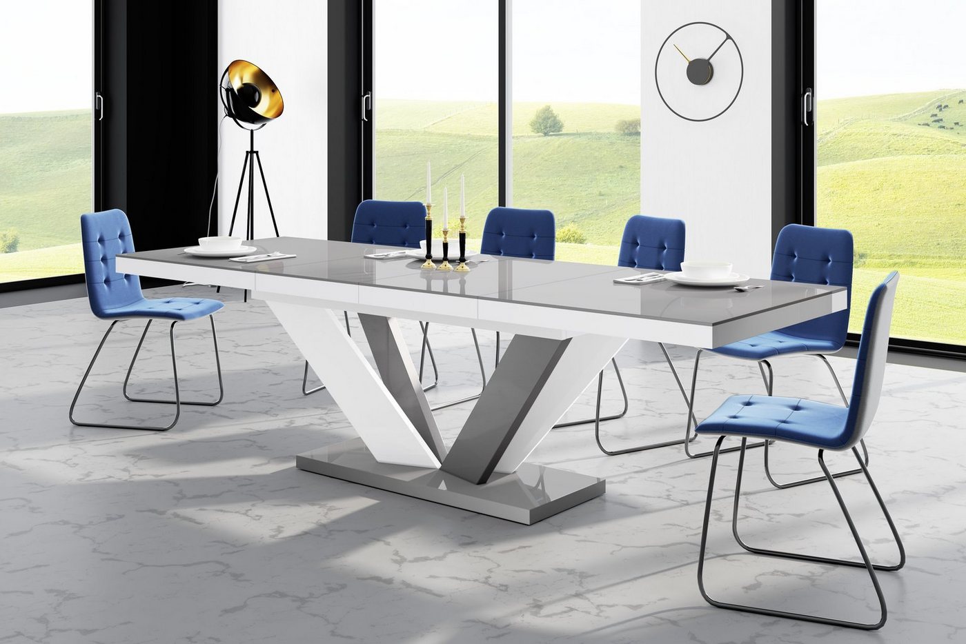 designimpex Esstisch Design Tisch HEU-111 Grau - Weiß Hochglanz ausziehbar 160 bis 256 cm von designimpex