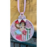 Vintage Weihnachten Rosa Mädchen Kind Bild Vorhanden Decoupage Ephemera Glitter Holz Ornament Shabby Chic Handmade Doodaba von doodaba