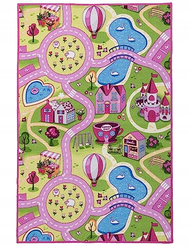 e-floor Teppich für Kinderzimmer | 80 x 100 cm | Kinderteppich | für Jungen und Mädchen | Schlafzimmer | Kurzflor Carpet | Autos Straße | Kreativ Sicher | Rosa von e-floor