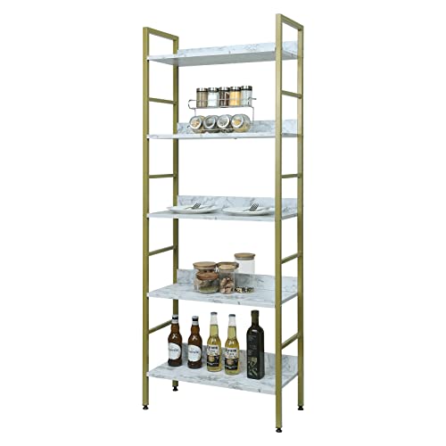 eSituro Standregal Badregal Küchenregal Badezimmer Bücherregal Aufbewahrung Leiterregal Stufenregal platzspazierend modern Stil 5 Ablagen Golden+Weißer Marmor Metall+MDF 60x27.5x160CM SSTR0086 von eSituro