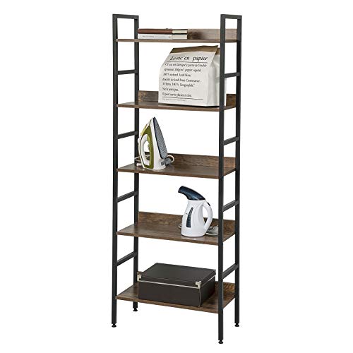 eSituro Standregal Badregal Küchenregal Badezimmer Bücherregal Aufbewahrung Leiterregal Stufenregal platzspazierend modern Stil 5 Ablagen Schwarz+Nussbaum Metall+MDF 60x27.5x160CM SSTR0056 von eSituro