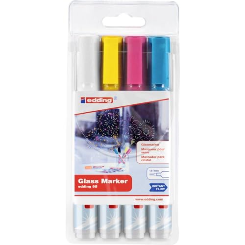 edding 95 Glasmarker - bunte Farben hell - 4 Stifte - Rundspitze 1,5-3 mm - zum Schreiben und Markieren auf Glasoberflächen wie Fenster, Glasboards, Whiteboards - trocken abwischbar edding 95 Glasmarker - bunte Farben hell - 4 Stifte - Rundspitze 1,5-3 mm - zum Schreiben und Markieren auf Glasoberflächen wie Fenster, Glasboards, Whiteboards - trocken abwischbar von edding