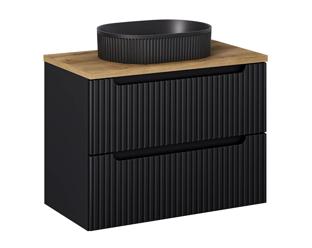 einfachgutemoebel Waschtisch-Set Bad Waschplatz ILUNA Black 80cm Schubfach, Becken rif oak, schwarz, (Badmöbel Set, 1-St., Waschtisch Unterschrank) von einfachgutemoebel