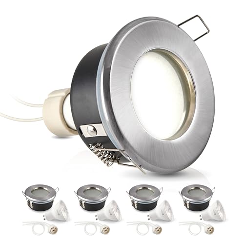 ekobi Einbaustrahler Flach OH34 Einbauleuchten Slim Deckenstrahler Aluminium IP44 LED Spotlight Inklusive Glühbirne GU10 3000K + Keramische Leuchte (Mattchrom, 4 Stück) von ekobi