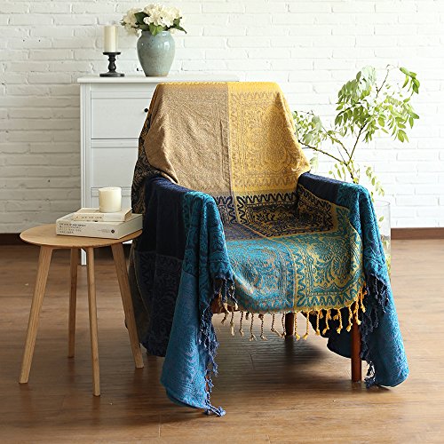 ele ELEOPTION Chenille Überwurf Decke, Jacquard Quasten Überwurf Decke Sofa Stuhl Bezug Dekorative für Bett Couch, Sessel, Folk Tribal Muster (Blau, 150 x 190 cm) von ele ELEOPTION