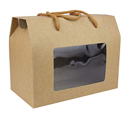 Emartbuy Starke Papier Stand Up Geschenkbox Tasche, 20 cm x 15 cm x 11 cm, Braune Krafttasche Box Cupcakes Kekse Muffin Kuchen Box mit Klarem Fenster und Tragegriff - Packung mit 12 Stück von emartbuy