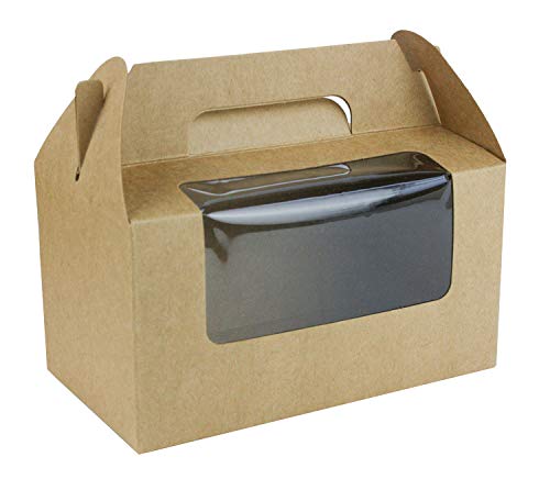 emartbuy Starkes Papier Steh auf Quadratische Geschenkbox-Tasche , 9 cm x 9 cm x 16 cm , Braune Krafttasche Box Cupcakes Kekse Muffin Kuchen Box mit Klarem Fenster und Tragegriff - Pack mit 12 Stück von emartbuy