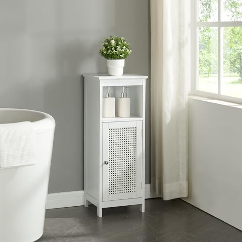 [en.casa] Badezimmerschrank Karlsøy Toilettenschrank schmaler Badschrank mit offenem Fach Schranktür im Rattan Design Nischenschrank Midischrank 80x30x28cm Weiß von [en.casa]