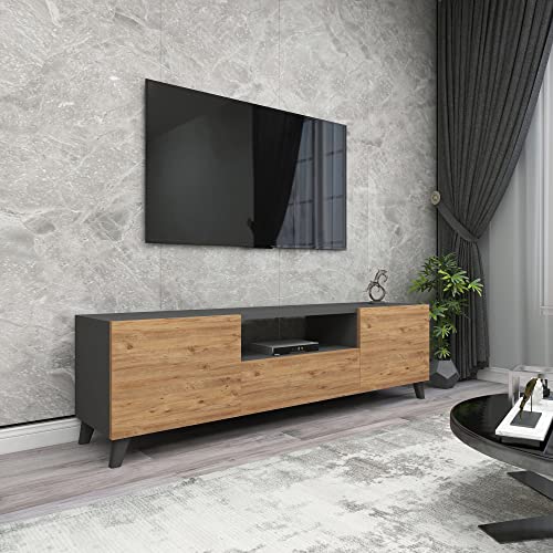 [en.casa] Fernsehtisch Torsby Fernsehschrank mit 3 Türen TV-Lowboard TV Bank 140 x 30 x 46 cm Fernsehregal für Wohnzimmer Anthrazit/Eiche-Optik von [en.casa]