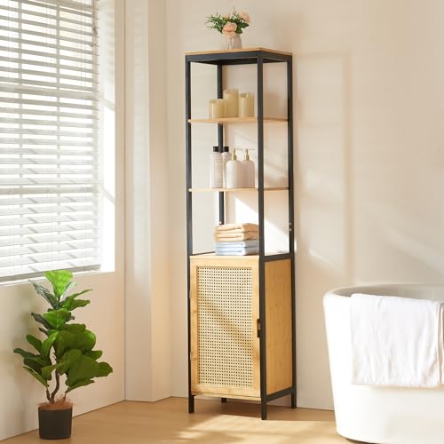 [en.casa] Hochschrank Tervola Badezimmerschrank schmaler Badschrank 3 Fächer Beistellschrank Badregal mit 1 Tür im Rattan Design 172x40x35cm Bambus Schwarz von [en.casa]