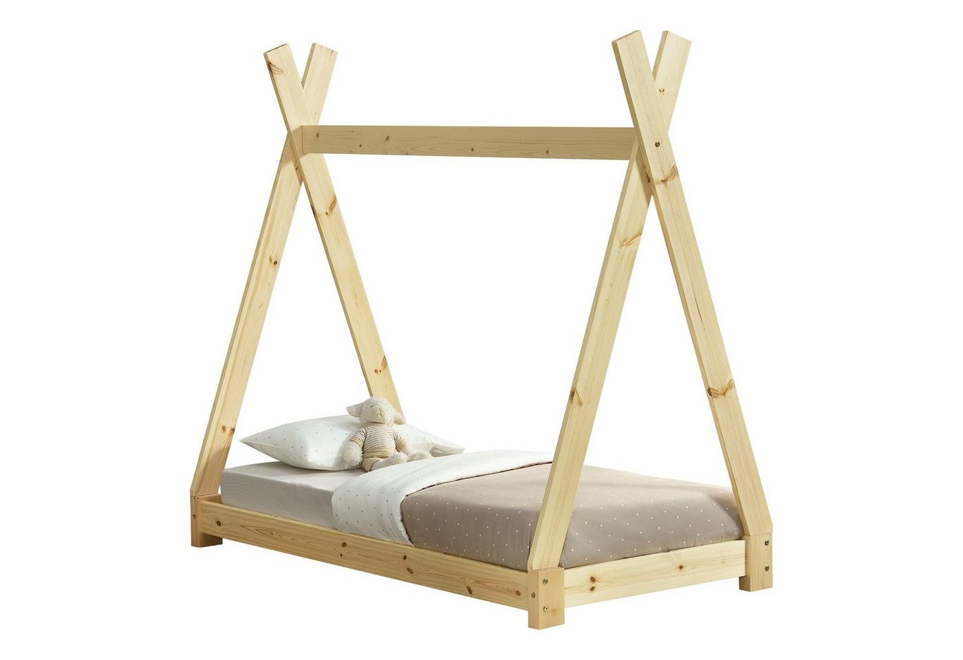 en.casa Kinderbett, »Onejda« Kinderbett Tipi Bett aus Kiefernholz 70x140cm Natur von en.casa