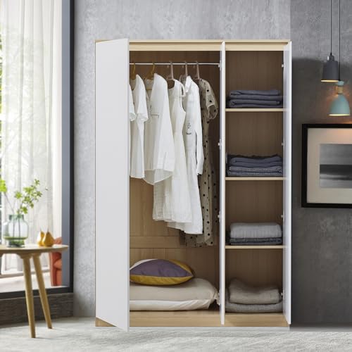 [en.casa] Kleiderschrank Bastheim 3-türig 176 x 120 x 52 cm MDF Garderobenschrank mit 1 Kleiderstange und 4 Fächern Eiche-Optik/Weiß von [en.casa]