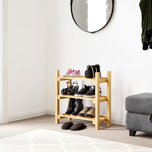 [en.casa] Schuhregal Keuruu Schuhablage Holz Schuhaufbewahrung für 6 Paar Schuhe Schuhständer mit 3 offenen Ablagen Naturfarben 60 x 60 x 25 cm von [en.casa]