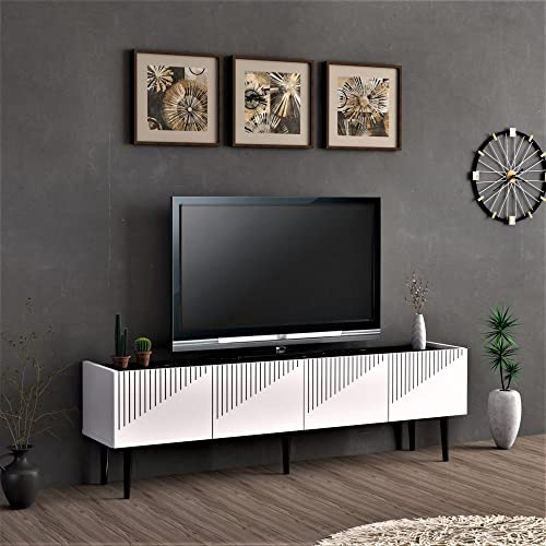 [en.casa] Fernsehtisch Oppdal TV-Lowboard TV-Tisch Sideboard TV-Ständer 154x37x45cm TV-Schrank mit 2 Schranktüren dekorative Türfront Weiß/Marmor, schwarz von [en.casa]