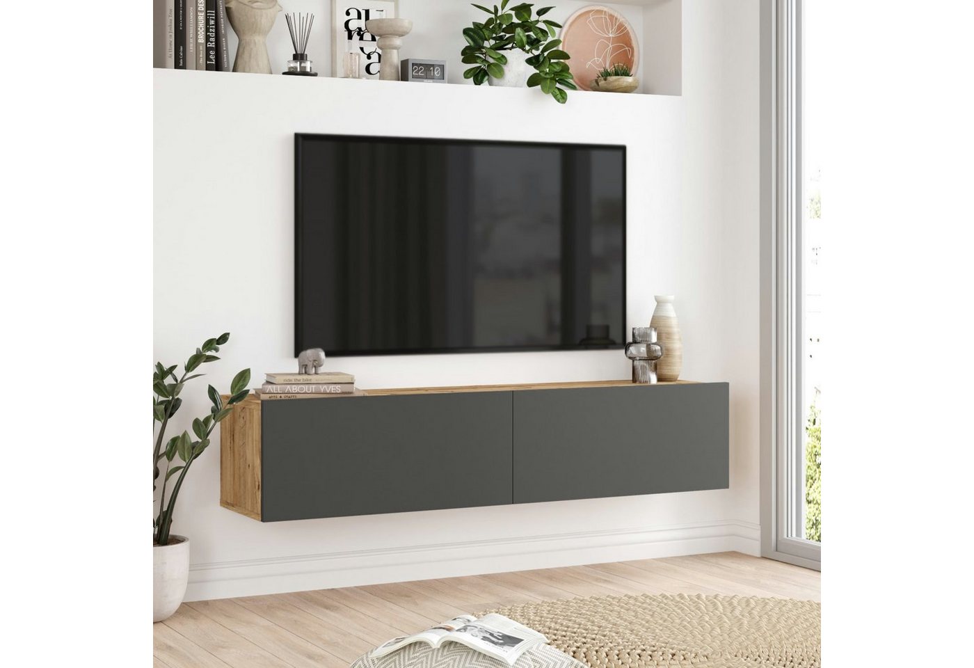 en.casa TV-Schrank »Lapinlahti« 140x31,5x29,5cm Eiche rustikal/Anthrazit von en.casa