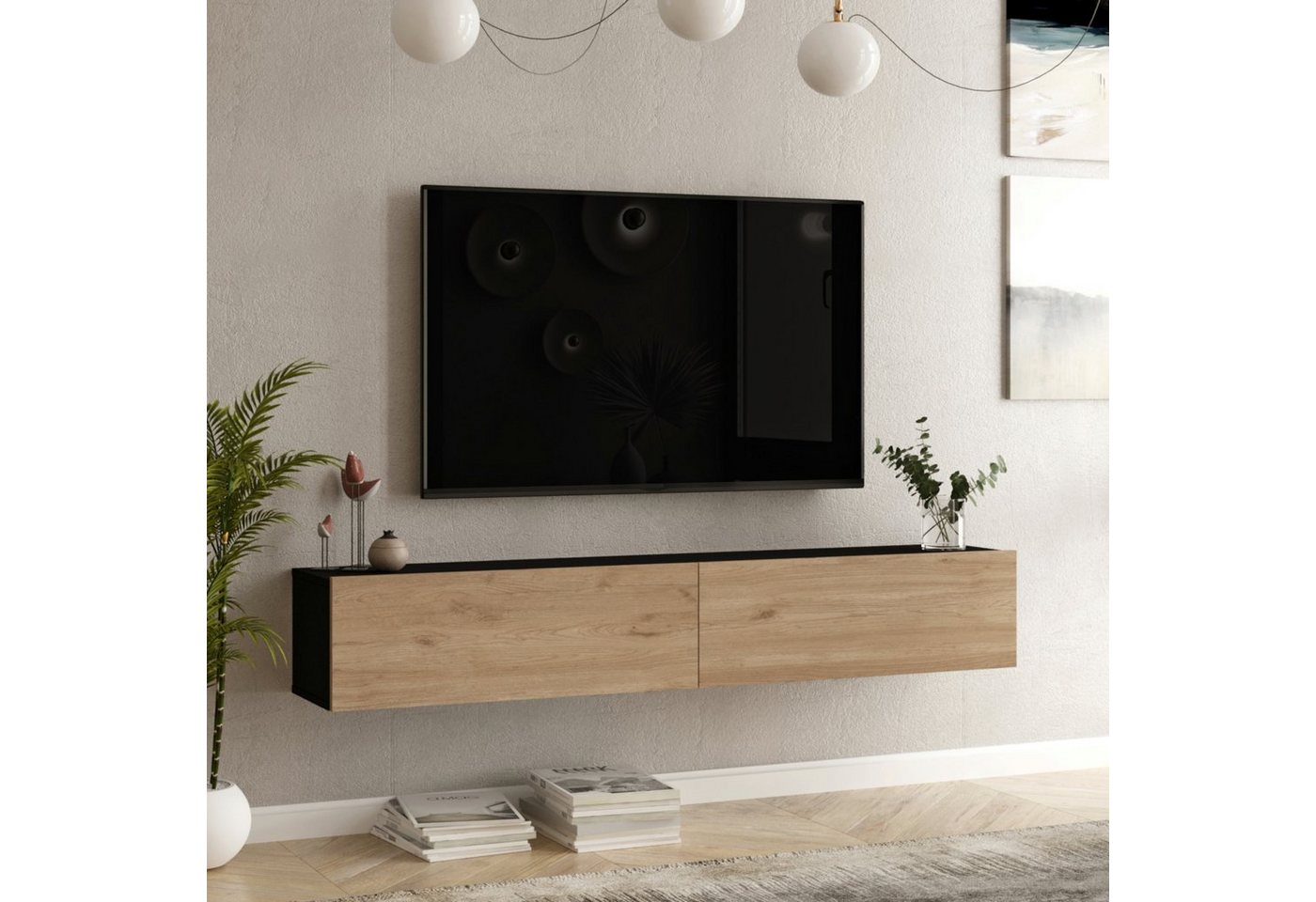 en.casa TV-Schrank »Lapinlahti« 180x31,5x29,5cm Eiche/Schwarz von en.casa