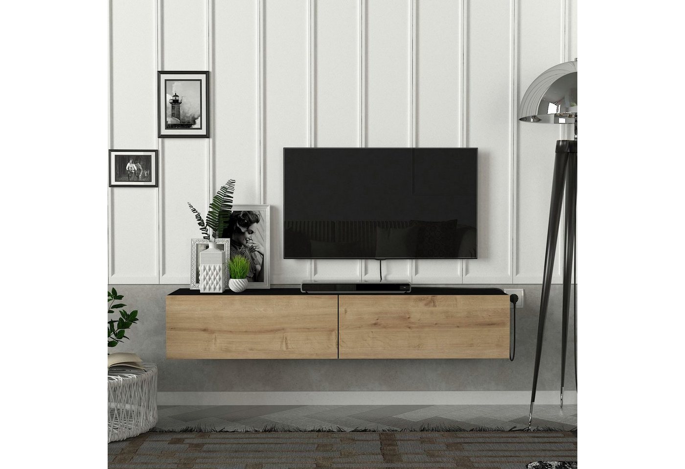 en.casa TV-Schrank »Toivakka« Fernsehschrank 135x31x25cm Schwarz/Eiche-Optik von en.casa