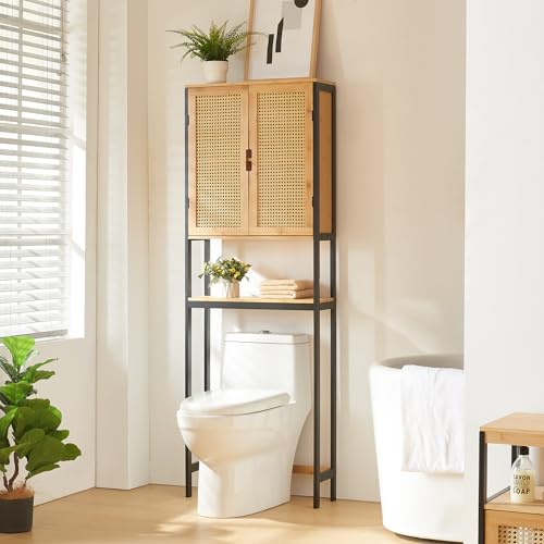 [en.casa] Toilettenschrank Tervola Badschrank Badezimmerregal Toilettenregal in Rattanoptik Überbauschrank Standregal 172x60x20cm Bambus Schwarz von [en.casa]