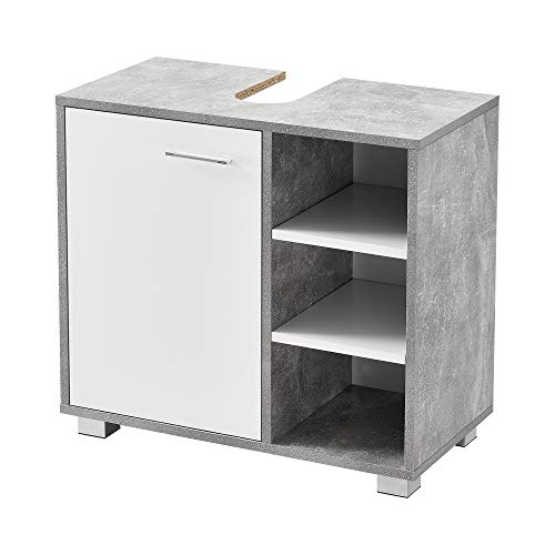 [en.casa] Waschbeckenunterschrank 56 x 60 x 31 cm Badezimmerschrank mit Siphonausschitt Badschrank mit Schranktür 3 Ablagefächern Betonoptik/Weiß von [en.casa]