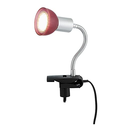 etc-shop Klemmlampe silber Klemmleuchte Klemmlampe LED mit Stecker, Tischleuchte Leselampe, Spot beweglich, Metall titanfarben Glas rot, 1x LED 3W 250Lm 3000K, HxLxB 34x9x6,1 cm von etc-shop