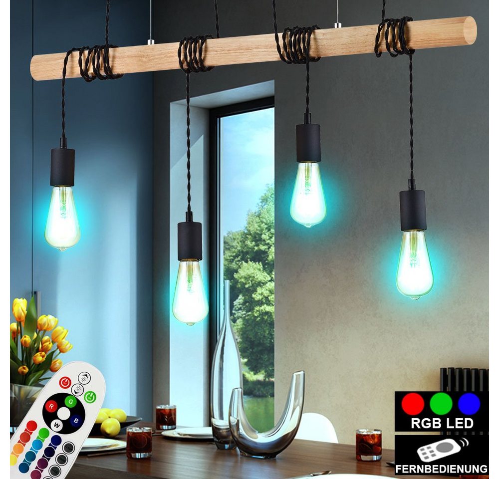 etc-shop LED Pendelleuchte, Leuchtmittel inklusive, Warmweiß, Farbwechsel, Retro Decken Pendel Lampe FERNBEDIENUNG Holz Balken Leuchte von etc-shop