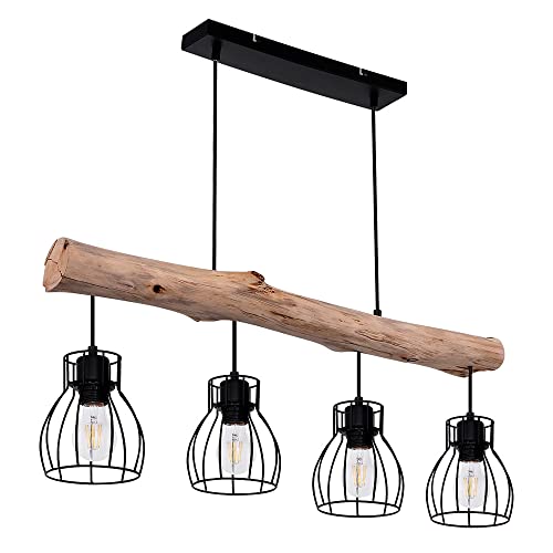 etc-shop Hängeleuchte Holzbalken natur Pendelleuchte Käfig schwarz Hängelampe Holz Landhausstil, schwarz, 4x E27 Fassungen, LxBxH 82,5x13,6x140 cm von etc-shop