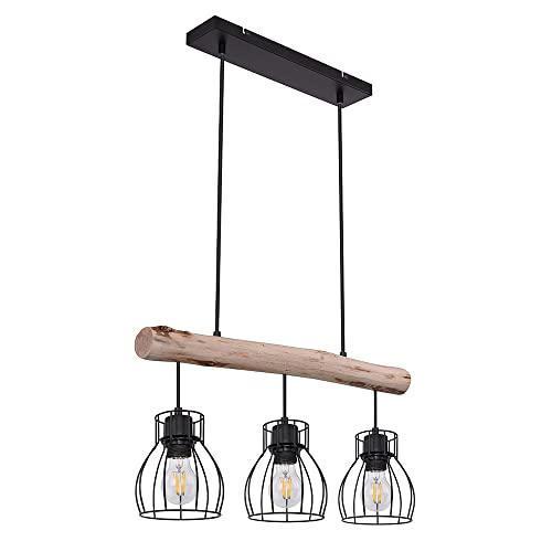 etc-shop Holz Design Hängeleuchte mit Gitter Lampenschirmen Pendelleuchte mit Holzbalken 3 flammig, Metall schwarz Holz natur, 5x E27 max 40 Watt, LxBxH 60x13,6x140 cm, Wohnzimmer Esszimmer von etc-shop