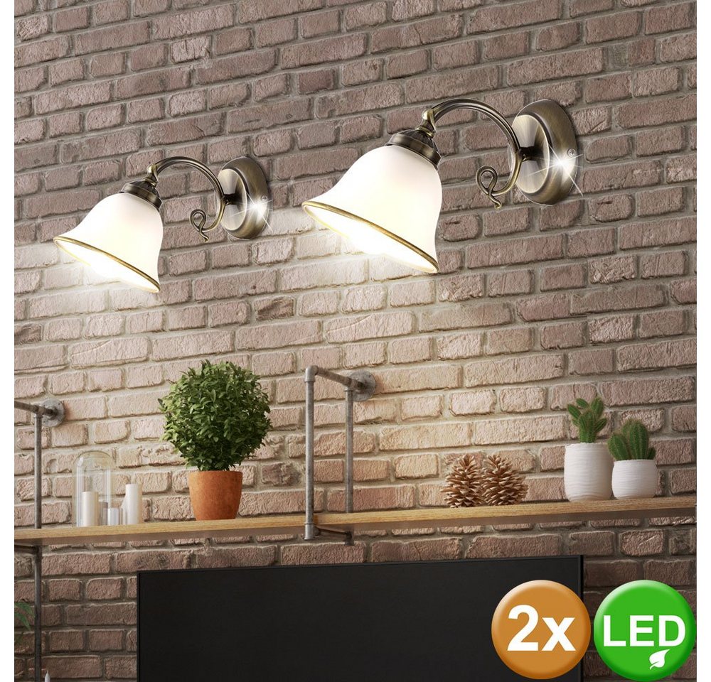 etc-shop LED Wandleuchte, Leuchtmittel inklusive, Warmweiß, 2er Set Antik Stil Wand Lampe Wohn Zimmer Altmessing Glas von etc-shop