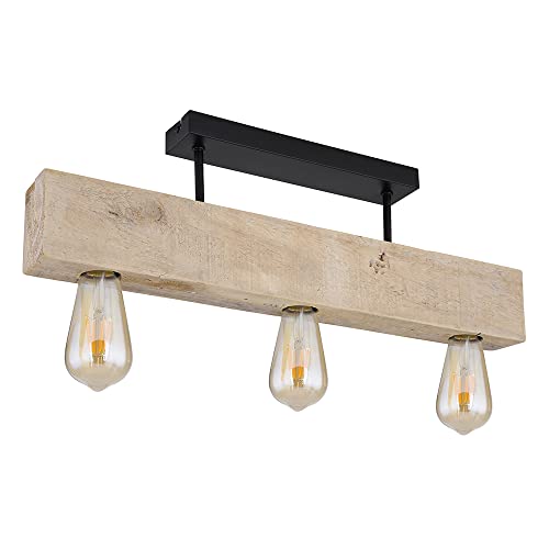 etc-shop Wohnzimmerlampe Deckenleuchte Holz Vintage Deckenlampen Holzleuchte, 3 flammig Metall Holz natur schwarz, 3x E27 Fassungen, HxLxB 19x60x6 cm von etc-shop