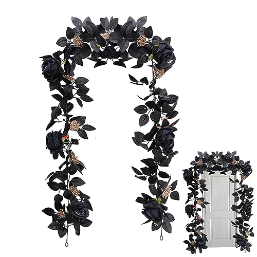 Schwarze Rosengirlande 69 -Zoll -künstliche Rosenrebe mit schwarzen Beeren und Blättern Flexible realistische lebendige Blumengirland von eurNhrN