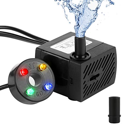 everfarel Mini Wasserpumpe mit 4 LED Licht 350L/H 3.5W, Aquarium Wasserpumpe für Garten, Brunnen,Steingarten, Aquariumpumpe Wasser Pumpen Garten Tauchpumpen Max Förderhöhe 0.85m von everfarel