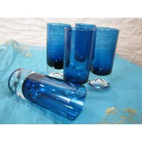 4 + 1 60Er Jahre Vintage Gläser - Wmf Mid Century Modernist Design Turmalin Blau & Klar Cocktail Longdrink Saft Bar von everglaze