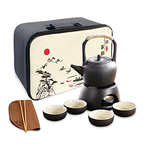 fanquare Chinesisch Kungfu Teeservice mit Teewärmer, Schwarzes Porzellan Teekannen Set mit 4 Tassen, Reiseteeset mit Beutel von fanquare