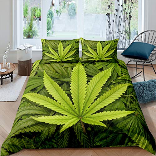 3D Hanfblätter Bettwäsche-Set Cannabis Sativa Bettwäsche Set 135x200cm Grüne Pflanze Betten Set für Kinder Jungen Mädchen Teenager 2St.Reißverschluss Mikrofaser von feelingyou