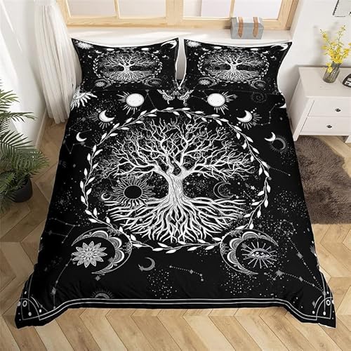 feelingyou Baum des Lebens Bettwäsche-Set,Sonne und Mond Boho Bettwäsche Set 135x200cm,Schwarz Weiß Exotisch Betten Set für Kinder Jungen Mädchen Teenager 2St.Reißverschluss Mikrofaser von feelingyou