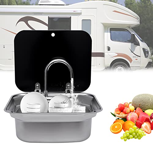 FENNNDS Edelstahl Camping Waschbecken mit Wasserhahn, 42,3×37,3×15cm Einzelne Schüssel Handwaschbecken Waschtisch mit Abdeckung & Rohre für Wohnmobil Caravan Reisemobil Camper Küche, Silver & Schwarz von fennnds