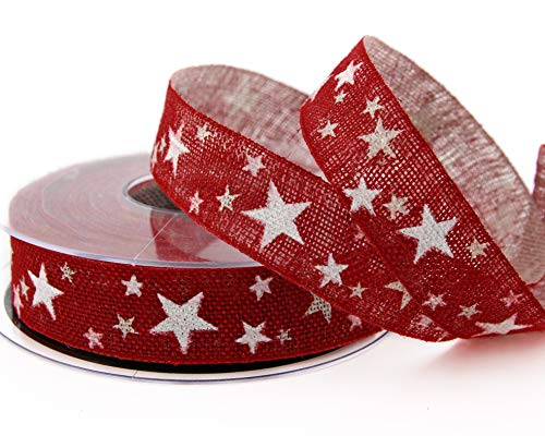 15 m x 25 mm Dekoband Country Stars Rot Weiss Geschenkband Schleifenband Natur Leinen Stoffband Landhaus Weihnachten mit Sternen von finemark