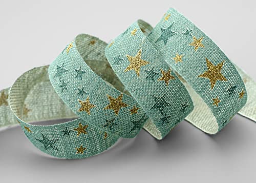 finemark 15 m x 25 mm Dekoband Country Stars Mint ALTGRÜN Gold Geschenkband Schleifenband Natur Stoffband Landhaus Weihnachten mit Sternen von finemark