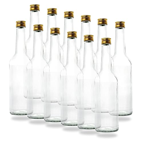 BAUER 12 Kleine Glasflaschen 500ml (0,5l) mit PP28 Schraubverschluss Gold – Leere, kleine Flaschen zum Befüllen, z.B. Leere Weinflaschen, kleine Schnapsflaschen, Likörflaschen 500 ml von BAUER