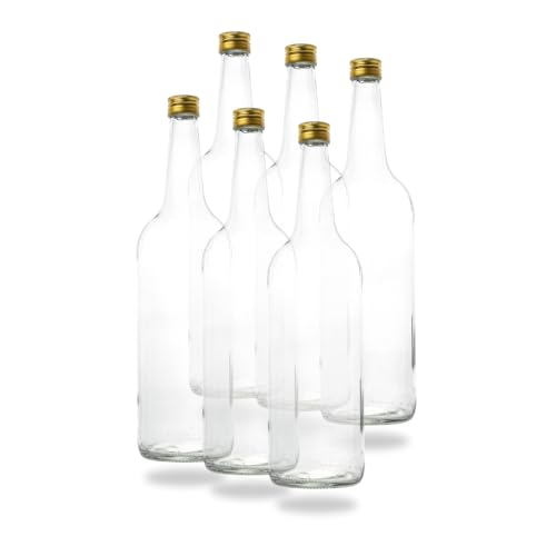 12 leere 1 Liter Glasflaschen 1000ml mit Schraubverschluss Gold PP28 - Glastrinkflasche 1l ideal als Wasserflasche Glas 1l, Schnapsflaschen 1l, Likörflaschen 1l oder leere Weinflaschen 100 cl von BAUER