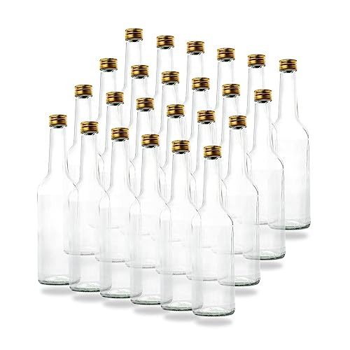 BAUER 24 Kleine Glasflaschen 500ml (0,5l) mit PP28 Schraubverschluss Gold – Leere, kleine Flaschen zum Befüllen, z.B. Leere Weinflaschen, kleine Schnapsflaschen, Likörflaschen 500 ml von BAUER