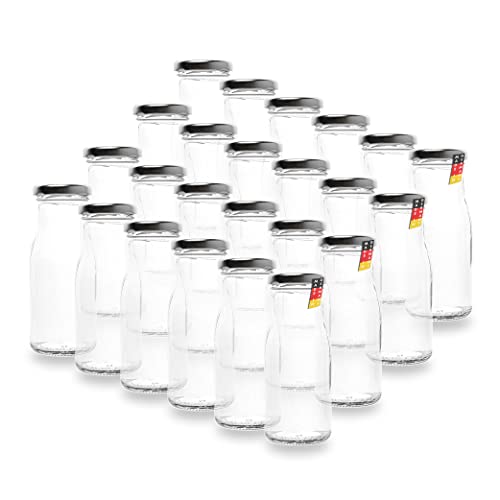 24 leere Flaschen, kleine Glasflaschen 150 ml weiß TO43 mit silbernen Verschluss. Kleine Flaschen zum Befüllen von Milchflaschen, Saftflaschen, Schnapsflaschen klein oder als Vasen Deko benutzbar von BAUER