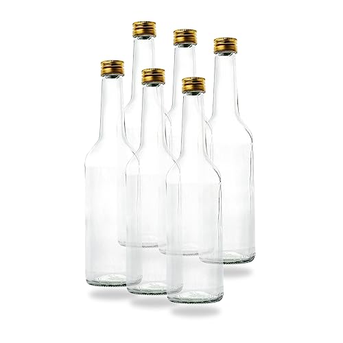 BAUER 6 Kleine Glasflaschen 500ml (0,5l) mit PP28 Schraubverschluss Gold – Leere, kleine Flaschen zum Befüllen, z.B. Leere Weinflaschen, kleine Schnapsflaschen, Likörflaschen 500 ml von BAUER