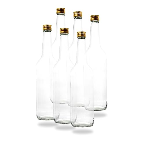 BAUER 6 Leere Glasflaschen 700 ml 0,7 Liter mit PP28 Schraubverschluss Gold – verwendbar als Schnapsflaschen, Likörflaschen 700ml, Leere Weinflaschen, Essig und Öl Flaschen Set von BAUER
