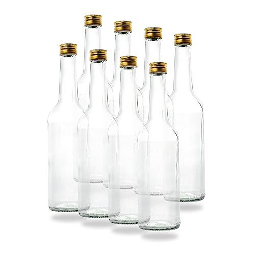 BAUER 8 Kleine Glasflaschen 500ml (0,5l) mit PP28 Schraubverschluss Gold – Leere, kleine Flaschen zum Befüllen, z.B. Leere Weinflaschen, kleine Schnapsflaschen, Likörflaschen 500 ml von BAUER