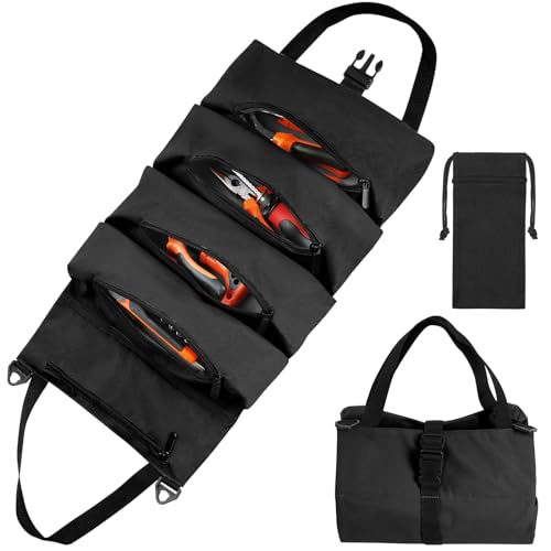 flintronic Werkzeug Rolltasche, Schraubenschlüssel Werkzeugtasche, Mehrzweck Rolltasche mit 5 Reißverschlusstaschen, Multifunktionale Rolltasche, Ideal für Klempner Handwerker und Elektriker(Schwarz) von flintronic