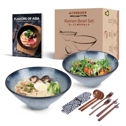 Keramik-Suppenschüssel-Set, 2×1500 ml Ramen Bowl, Große Japanisches Nudelschalen mit Löffel und Stäbchen, Traditionell Asiatisches Geschirr Set, für Udon, Pasta, Pho, Soba, Müsli & Salat von foodeden