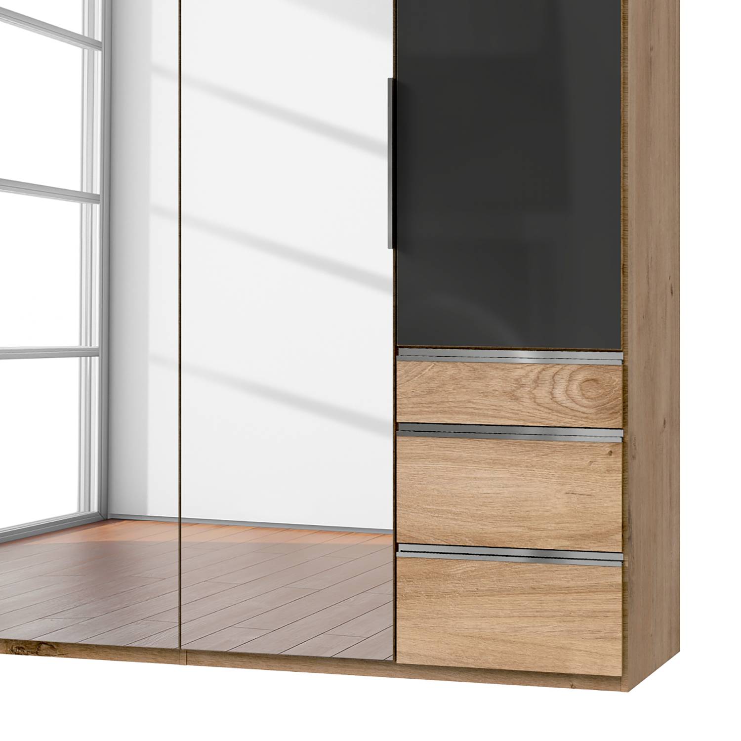 home24 Drehtürenschrank Level 36 C 200 x 216cm Mehr als 5 Schubladen Plankeneiche Dekor/Glas Grau 2 Spiegeltüren home24 Drehtürenschrank Level 36 C 200 x 216cm Mehr als 5 Schubladen Plankeneiche Dekor/Glas Grau 2 Spiegeltüren von home24