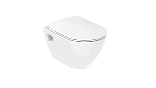 Furni24 Spülrandloses Wand-WC mit Toilettendeckel, Dusch-WC (Taharet), Hänge-WC, Duroplast WC-Sitz mit Absenkautomatik, Tiefspüler spülrandlos mit waagerechtem Abgang,Bautiefe ist 50cm,Tiefspüler weiß von furni24